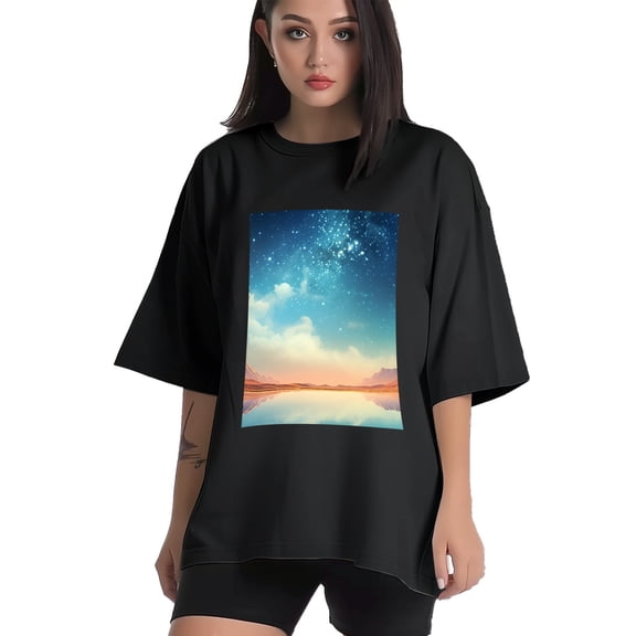 Plus Size Shirt for Women Black Tops for Women Short Sleeves Shirt for Women Milky Way Galaxy T Shirt Crewneck Shirt for Women XS