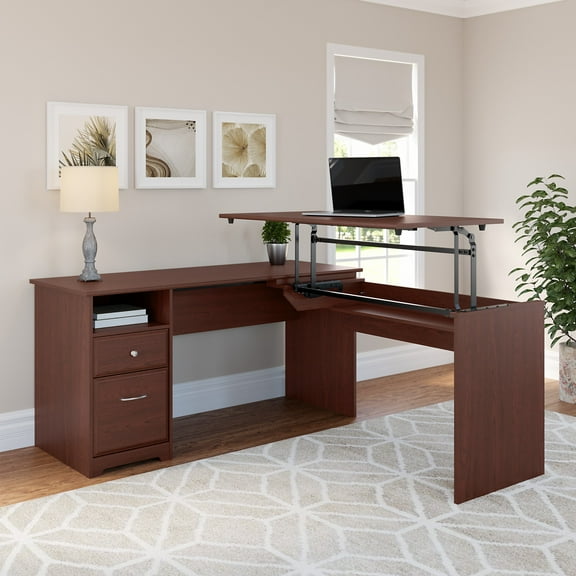 Cabot Modern 60W 3 Position Sit to Stand L Shaped Desk with File and Box Drawer in Harvest Cherry