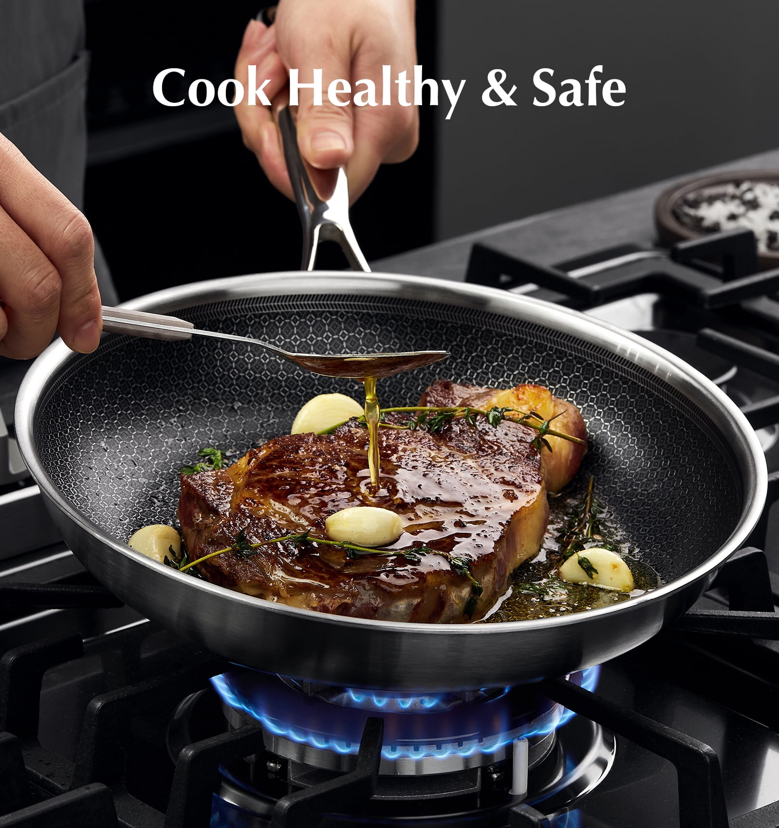 Koch Systeme CS Non Stick Frying Pans, 10 inch Nonstick Hybrid Stainless Steel Skillets, Etched Frying Pan, Dishwasher and Oven Safe