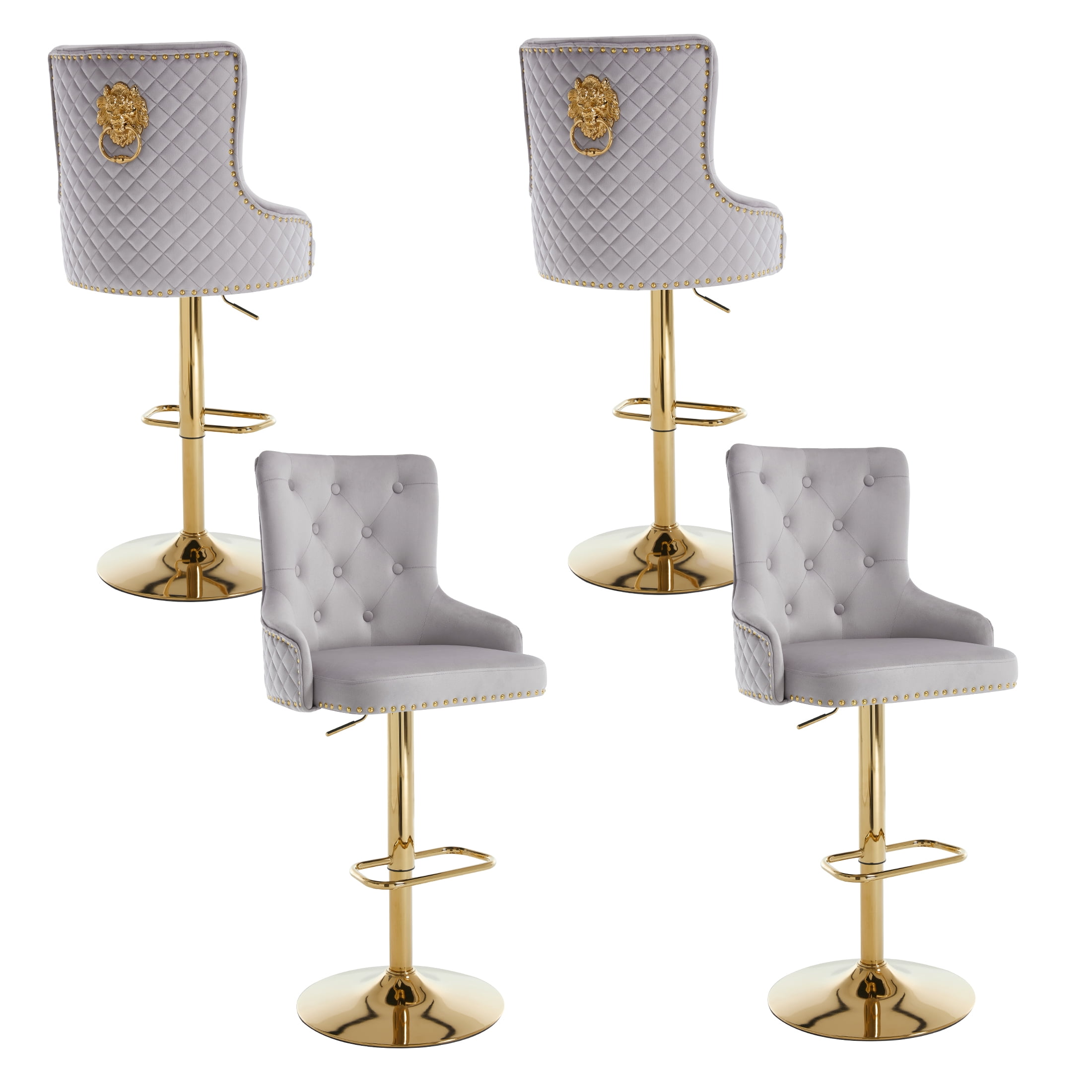 Velvet Gold Bar Stools Set of 2 Modern Counter Height Bar Stools with Lion Pull Ring Tufted High Back, Nailhead Upholstered Barstools for Home Kitchen Island, Swivel Adjustable Stool Chair in Grey