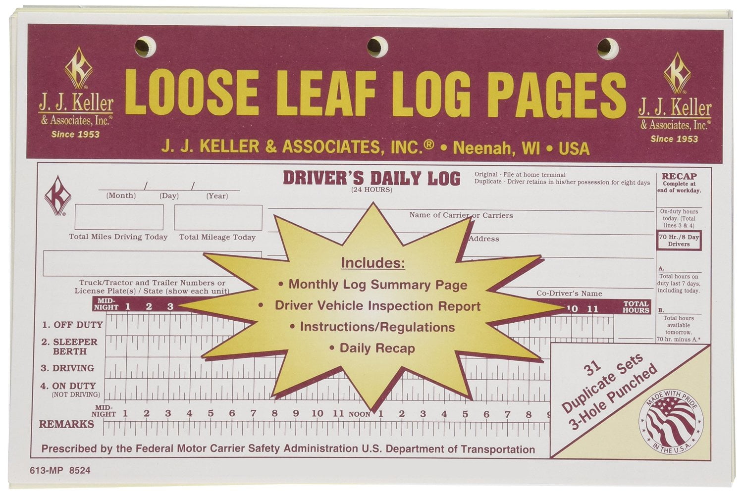 613MP Loose-Leaf Deluxe Duplicate Daily Log Books Lot of 100 JJ KELLER 8524 