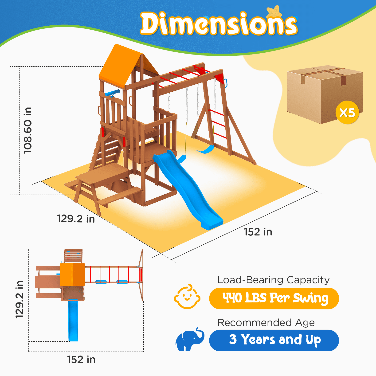 DOLPHIN PLAYGROUND Outdoor Wooden Playset with Monkey Bars, Wave Slide, Climbing Wall, Picnic/Sand Table