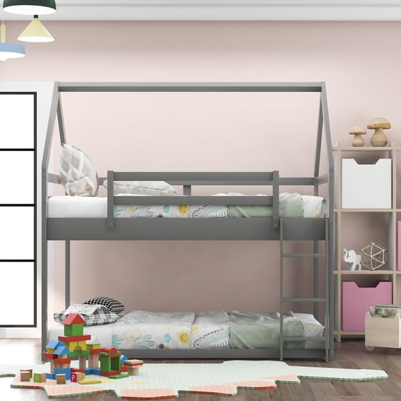 Twin Over Twin Low House Bunk Bed w/ Ladder, Grey 85733