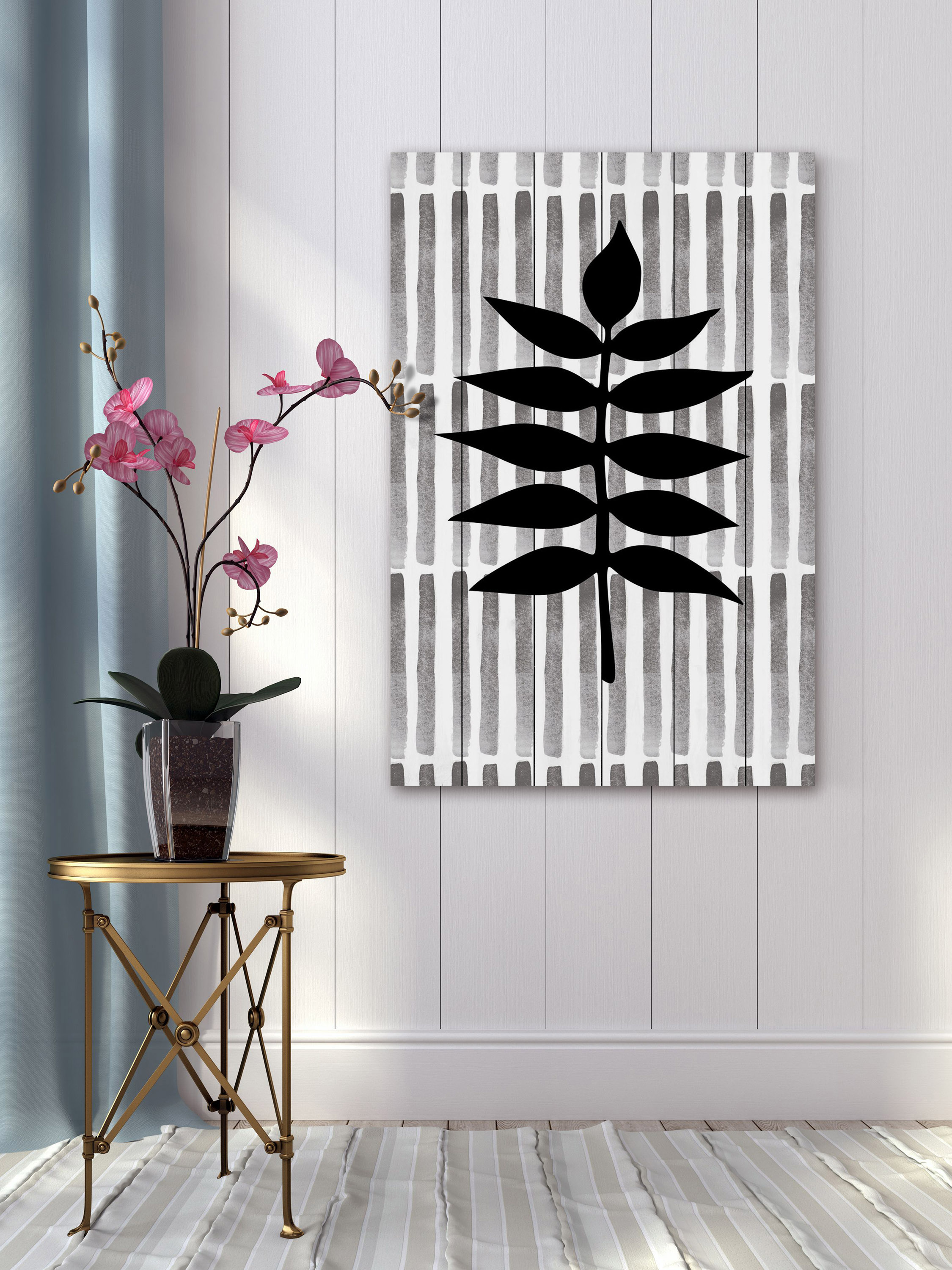 "Black Leaf 3" Painting Print on White Wood