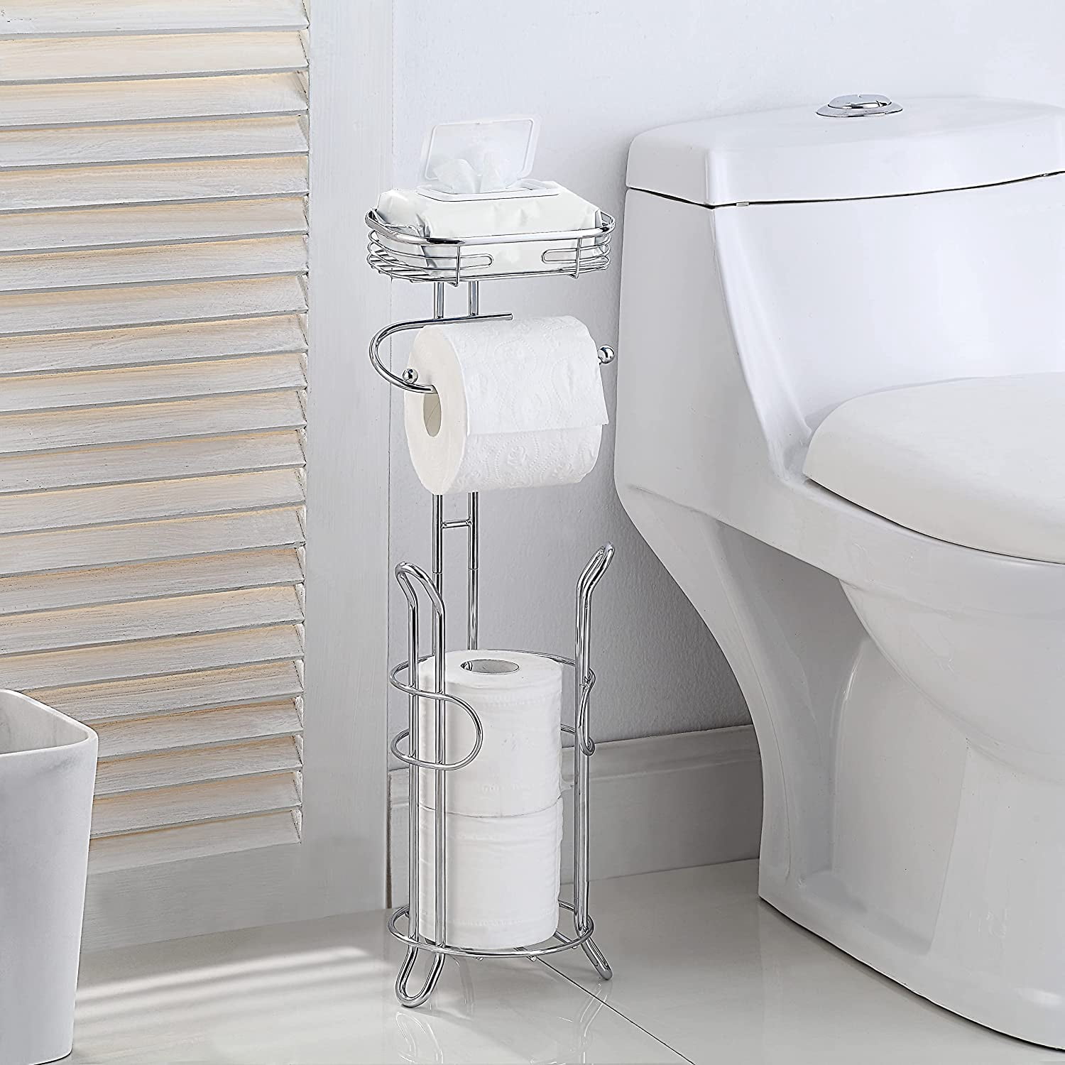Bathroom Heavyweight Toilet Tissue Paper Roll Storage Holder Stand with Reserve and Shelve, The Reserve Area Has Enough Space to Store Mega Rolls. (Black)