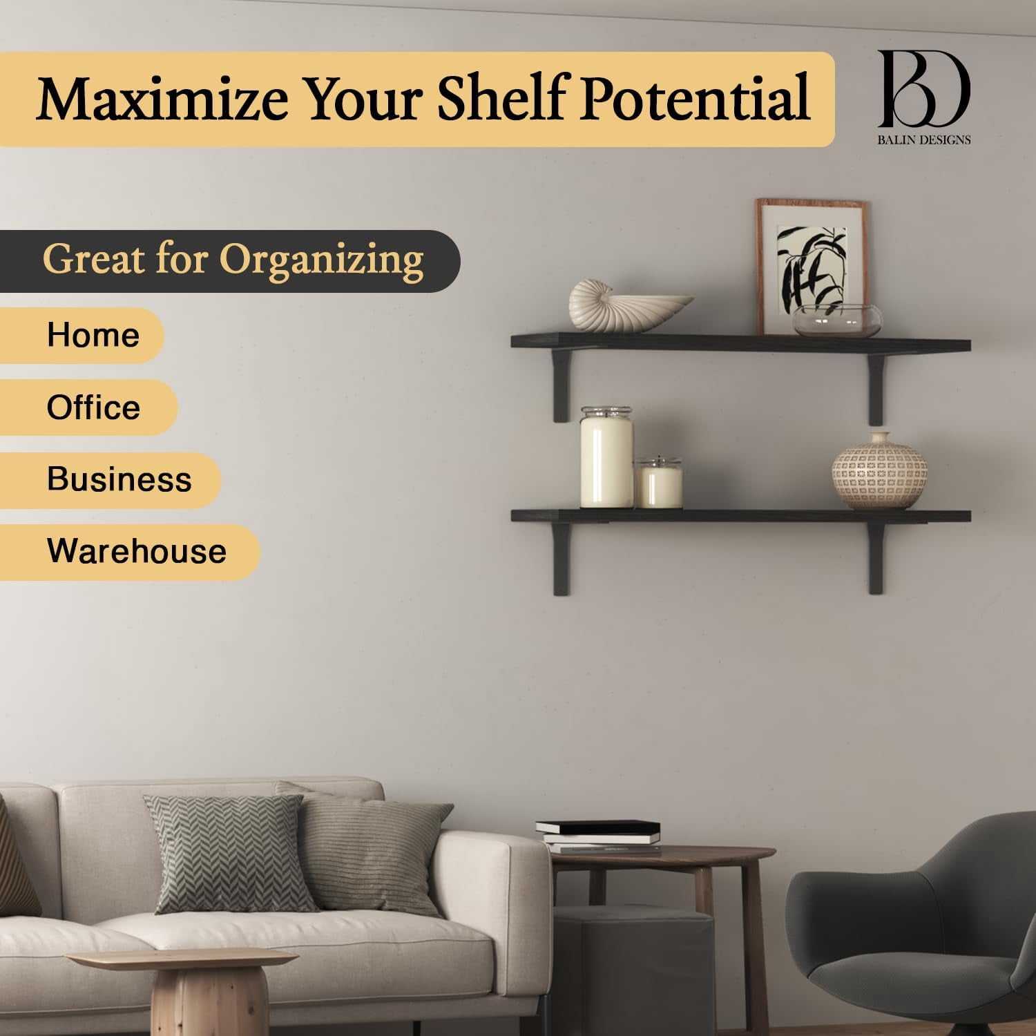 Heavy-Duty Viva L Mantel Shelf Brackets by Balin Designs (Black) DIY Brackets with Mounting Hardware for 8"- 10" Shelves, Ideal for Fireplace, Granite Countertops, Bookshelves (Set of 4)