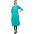 thumbnail image 4 of Bimba Women's Designer Peacock Feather Embroidered Cotton Aqua Blue Kurti - 6, 4 of 9