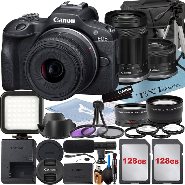 Canon EOS R100 Mirrorless Camera with RF-S 18-45mm + 18-150mm Lens + 2 Pack 128GB Memory Card + Case + ZeeTech Accessory