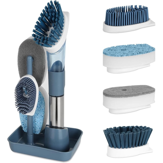 Cepillo lavavajillas 4 en 1 con dispensador de jabón, cepillo para platos con mango y soporte, cepillo de cocina reemplazable para lavar platos, limpiar ollas, sartenes y fregaderos, azul