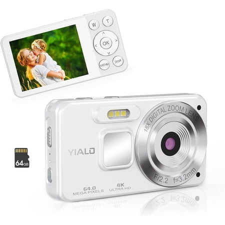 4K Digital Camera, 64MP Auto Focus Vlogging Camera with 64GB SD Card, 18X Digital Zoom Compact Camera for Photography, Point and Shoot Video Camera for Teens Boys Girls, White