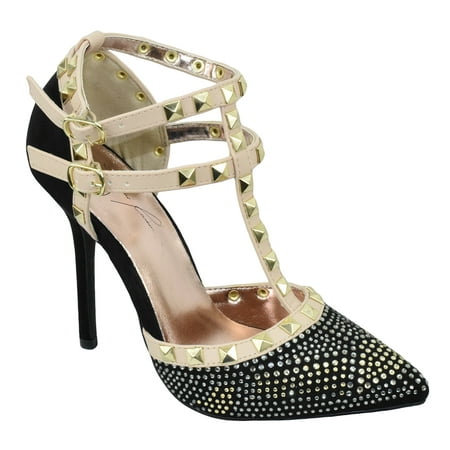 Jenni Rivera Women Stiletto Heels Pointy Toe Studded Pumps Rhinestone Bling ADORA-64G Black (Best Pointy Toe Pumps)