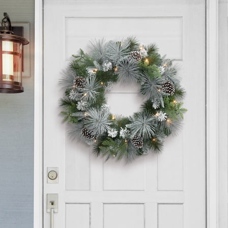 CC Christmas Decor Pre-Lit Flocked Mixed Pine and Pine Cone Artificial Christmas Wreath - 24" - Warm