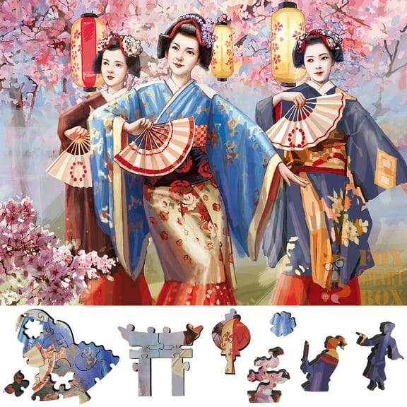 Wooden Jigsaw Puzzles for Adults with Uniquely Shaped Pieces - made in USA by FoxSmartBox - 220 Pieces - Sakura Blossom Festival