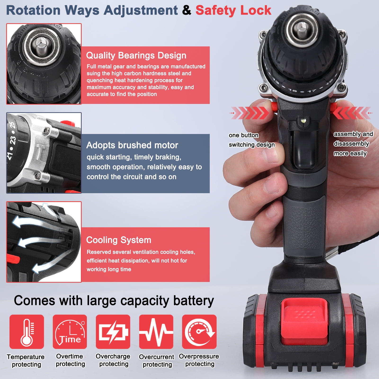 21V Cordless Power Drill Set, Electric Power Drill 24Pcs with 2 Lithium-ion Battery and Charger, 2-Speed Transmission For Screwdriving And Drilling,Black
