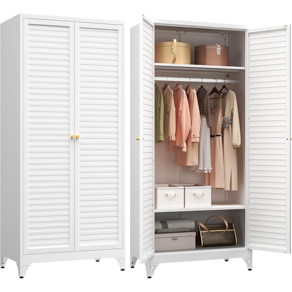 Polup Metal Armoire Wardrobe Closet with Doors, 71" Tall White Wardrobe Cabinet with Hanging Rod and Adjustable Shelves, Steel Clothing Storage Cabinet for Bedroom, School, Employee, Gym, Office