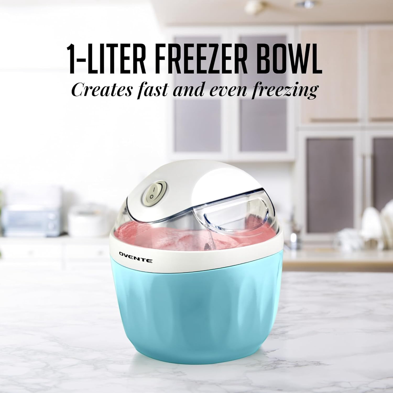 OVENTE Electric Ice Cream Maker, 1QT Freezer Bowl, 15W, Blue ICM110BL I For Healthy & Homemade Frozen Yogurt, Sorbet and Gelato, Mini Kitchen Appliance Ideal for Summer Desserts for Kids