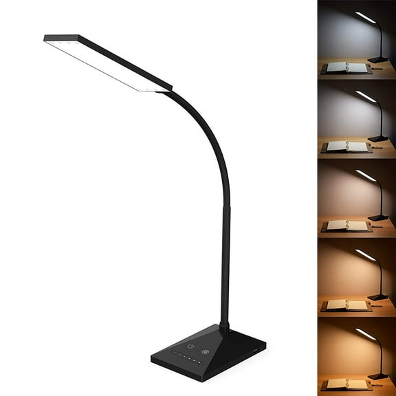 KOOTION 12W 72 LEDs LED Desk Lamp USB Charging Port 5 Modes 7 Brightness Touch Control Eye Caring Table Reading Light Black