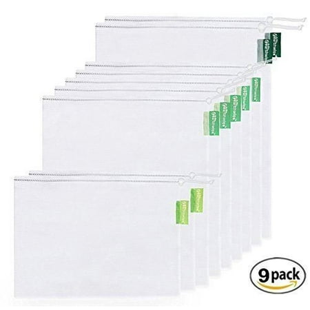 Earthwise Reusable Mesh Produce Bags - SEE-THROUGH - Set of 9 - ULTRA STRONG LIGHTWEIGHT MESH, Barcodes scan through 12x17in, 12x14in,