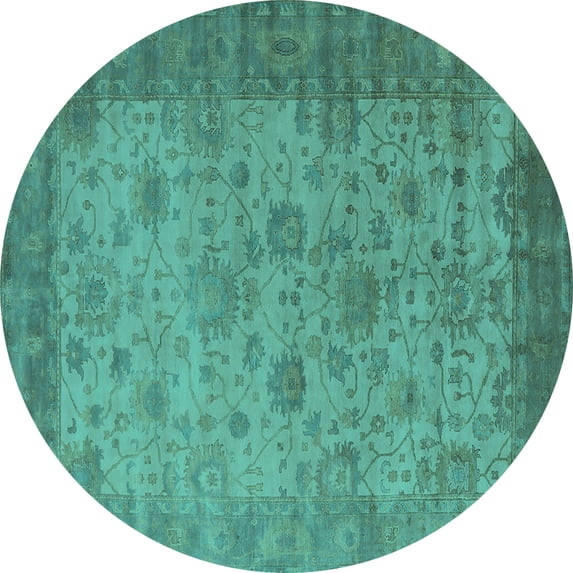 Ahgly Company Machine Washable Indoor Round Oriental Turquoise Blue Industrial Area Rugs, 8' Round