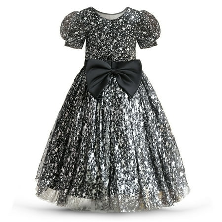

PEASKJP Pink Sequin Dress Summer Toddler Girls Chiffon Flowy Floral Printed Princess formal Dress Black 3-4 Years