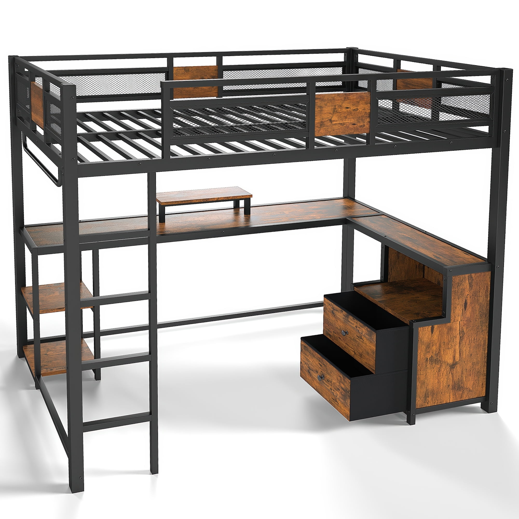 Leumius Twin XL Loft Bed with Desk and Storage Non-woven Fabric Drawers, Metal Loft Bed Frame with Ladders, Nosie-free and No Spring Box Needed for Teens Adults Black