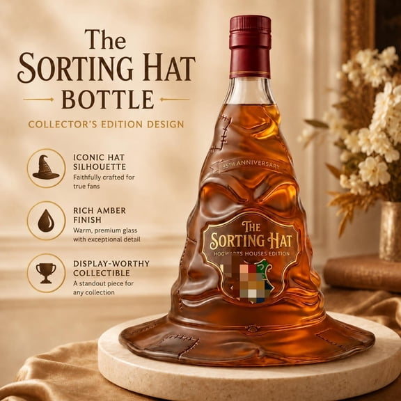 Harry Pott.er Sorting Hat Shaped Glass Decante, 3D Sculpted 25th Anniversary Glass Whisk.ey Bottle, 350ml Unique for Movie Fans for Home Bar Display, Halloween Gifts