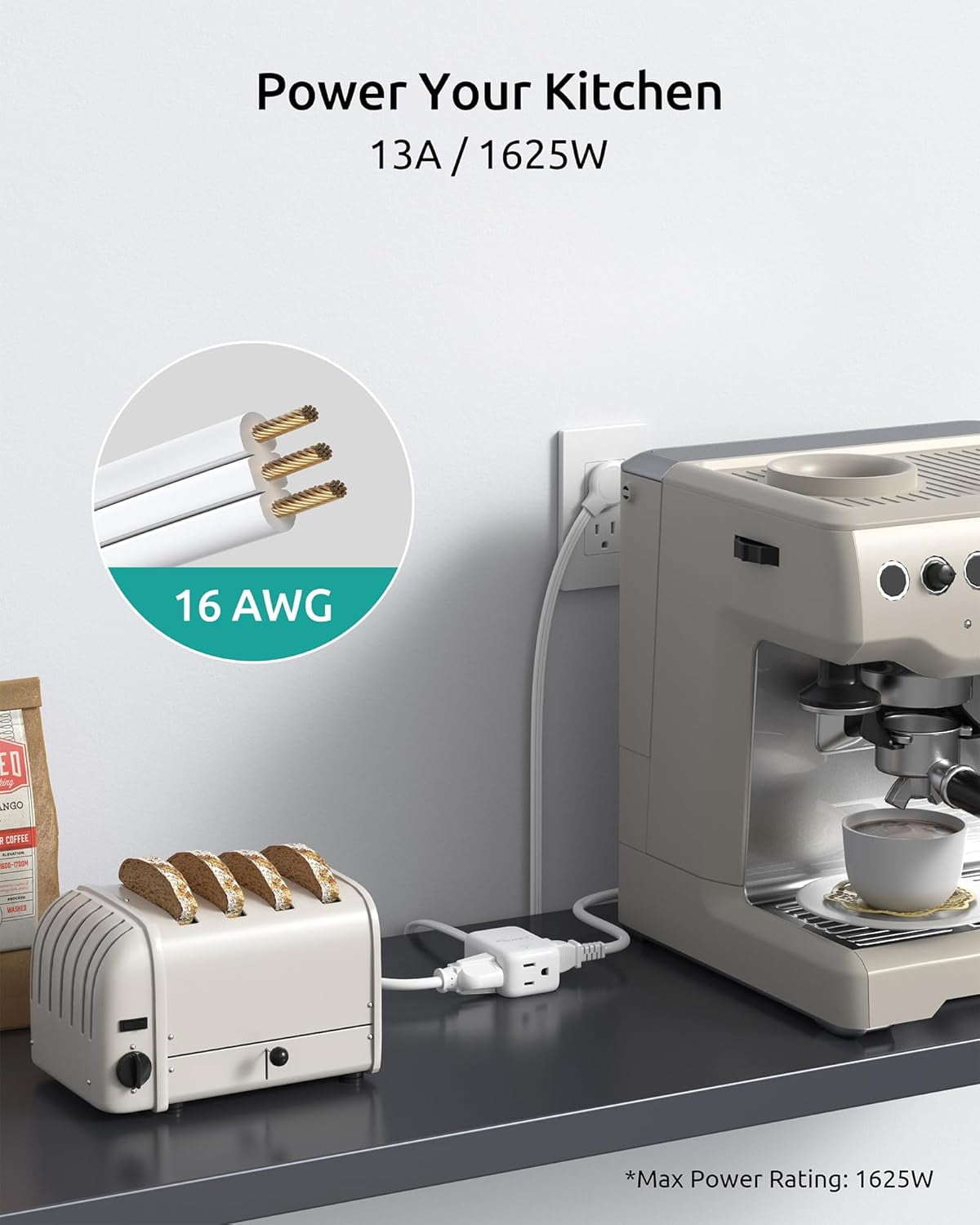 Flat Extension Cord Short 1.5ft, ETL Listed, 3 Prong Indoor Extension Cord with 900J Surge Protector, 13A/1625W, Left Angle Flat Wall Plug, Small Outlet Extender for Kitchen Bathroom, White