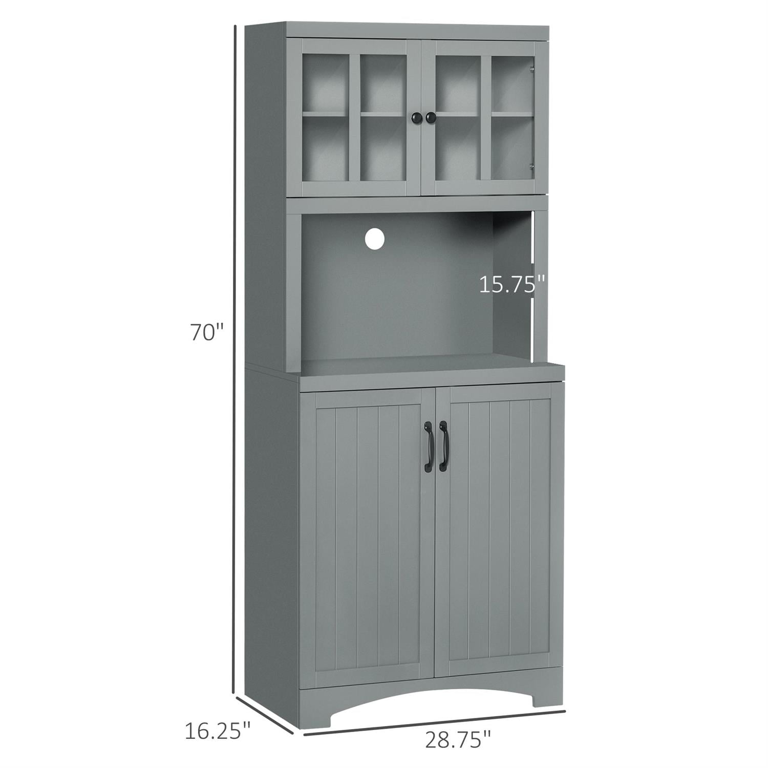 Demi Bonn 70" Kitchen Hutch with Glass Door, Adjustable Shelves & Microwave Space for Storage, Gray