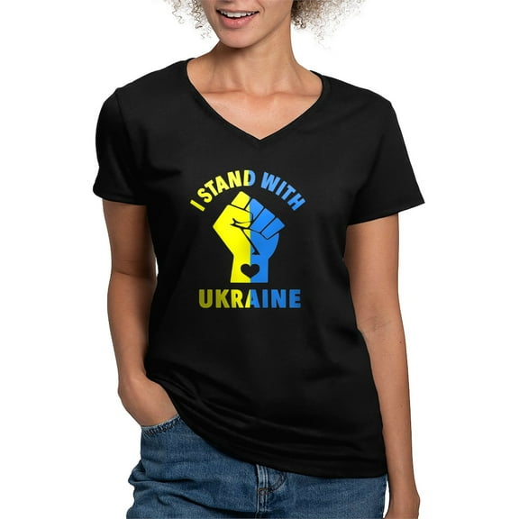 CafePress - I Stand With Ukraine Pride Ukrainian Flag T Shirt - Women's V-Neck Dark T-Shirt