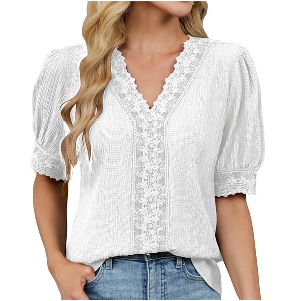 Eres Más Que una Camisa de Puntuación de Prueba Boho Top Manga Corta Cuello Redondo Blusa Suelta, Detalle de Encaje Color Sólido Desgaste de Verano Casual, Mezcla de Poliéster Spandex