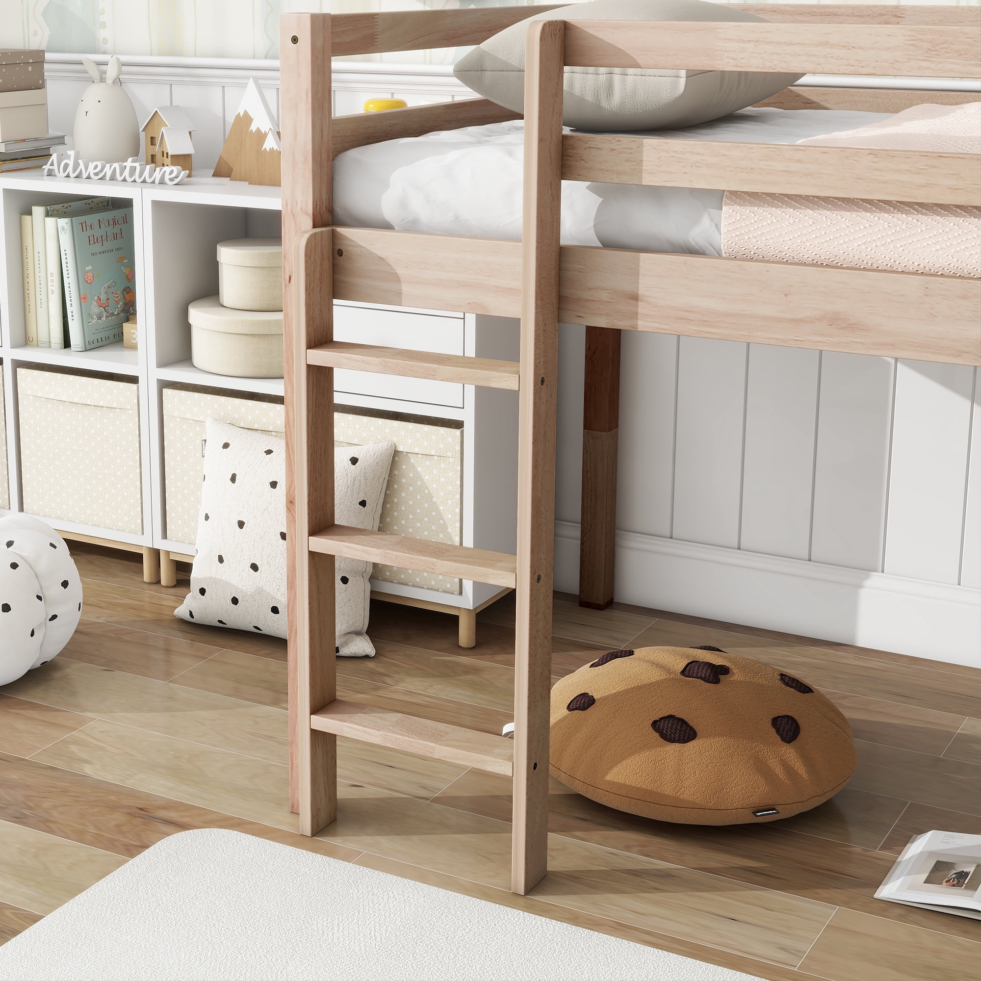 Miniyam Wood Twin Size Loft Bed with Slide, Ladder, Guardrails for Kids, Oak