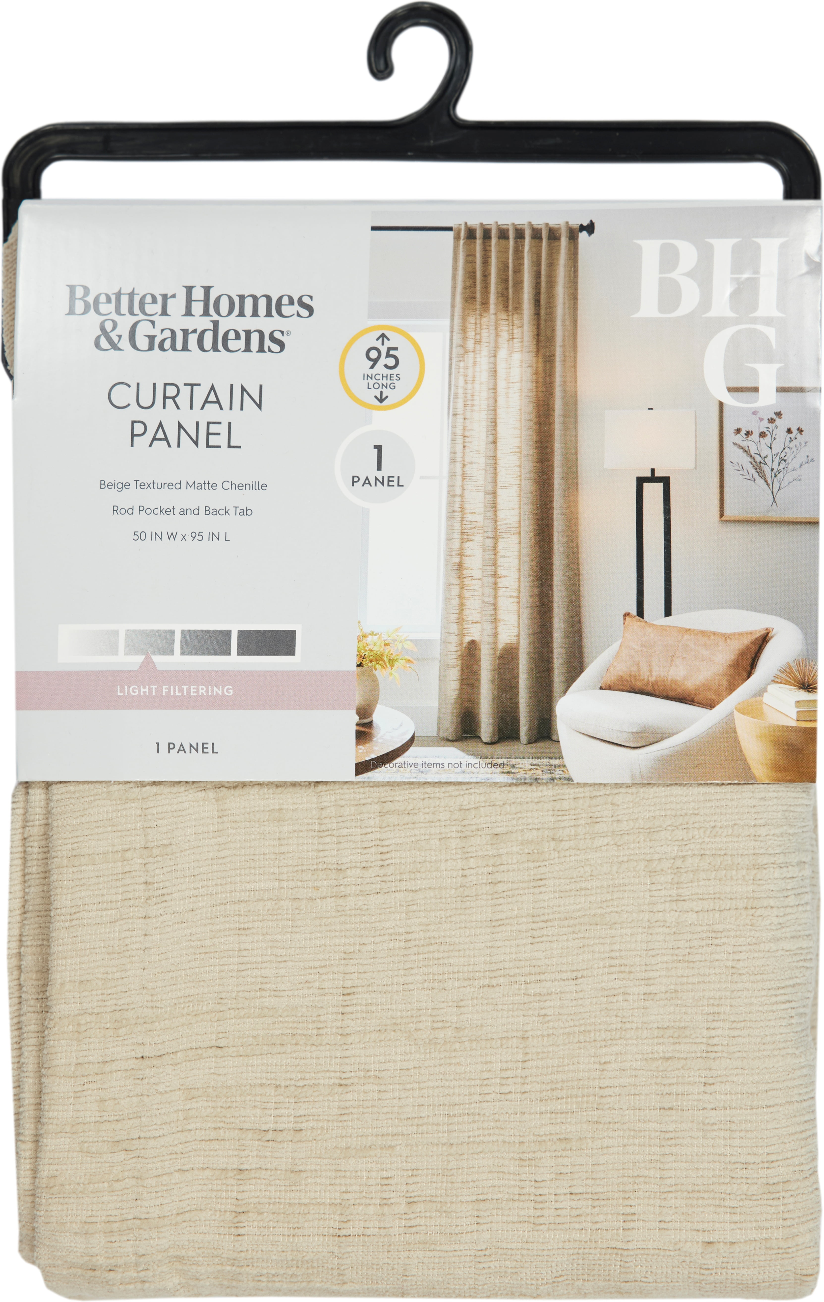 Better Homes & Gardens Textured Solid Chenille Light Filtering Single Curtain Panel, Beige, 50"W x 95"L