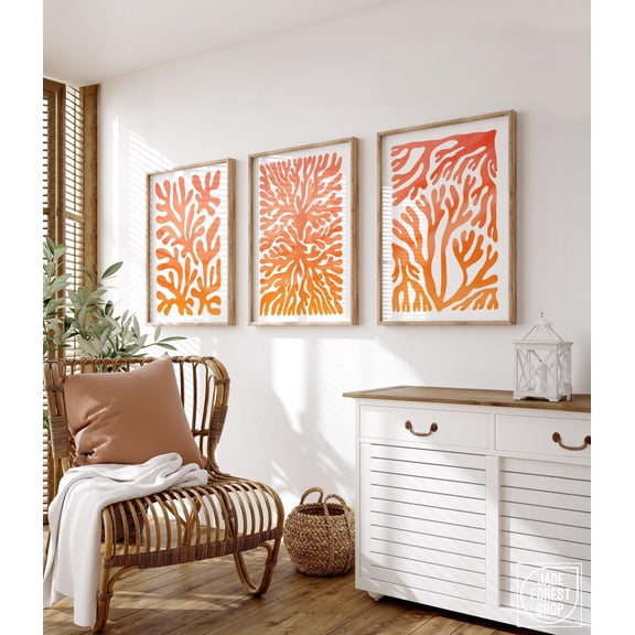 Coral Triptych Wall Art Modern Farmhouse Coastal Canvas Set Ocean Sunrise Decor Set 3