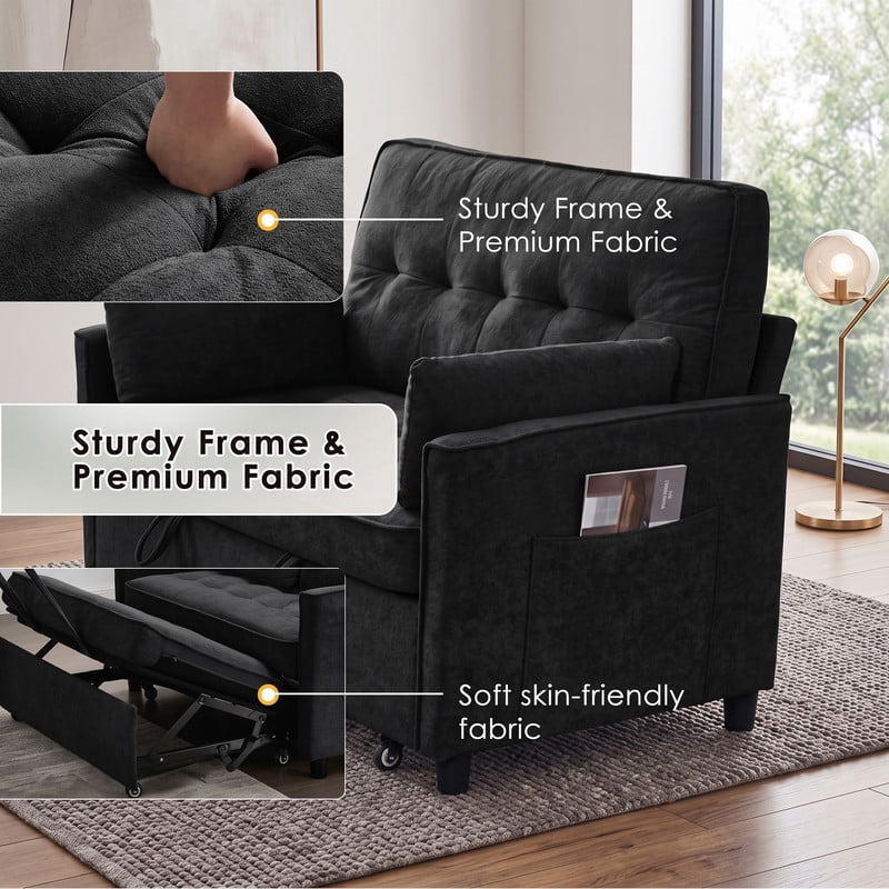 Anpport 54" 3‑in‑1 Convertible Sofa Bed, Towel Fabric, 3‑Position Adjustable Backrest with USB Charging Ports, for Living Room, Apartment, Black
