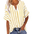 thumbnail image 2 of TKYCMSUAKI Cotton Linen Shirts for Women Trendy Striped V Neck Short Sleeve Blouses Casual Loose Fit Tunic Tops with Pocket, 2 of 8