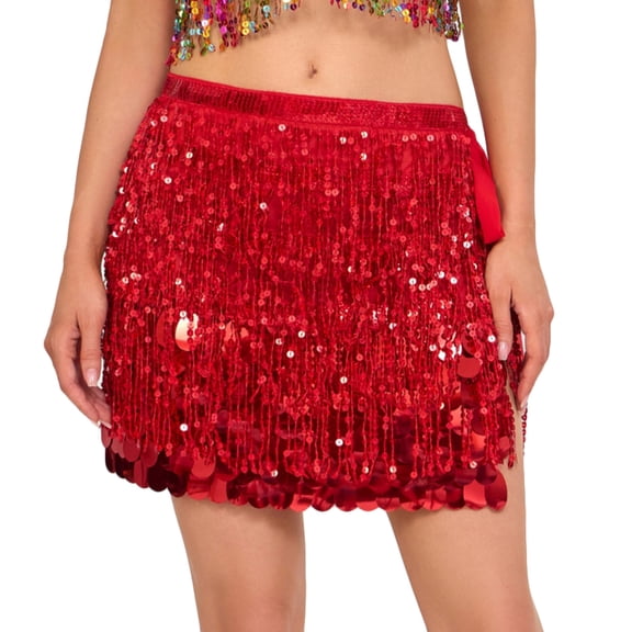 Riecok Sparkle Skirts for Women Belly Dance Sequin Carnival Skirt with Tassel Lightweight Boho Mini Skirt Red Free Size