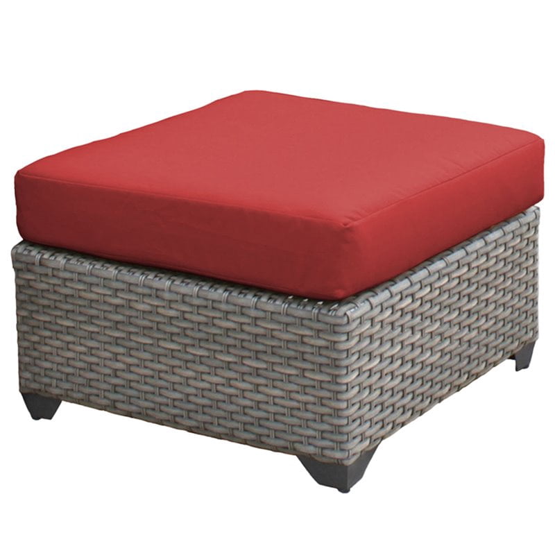 TK Classics Florence Wicker Patio Square Ottoman in Red