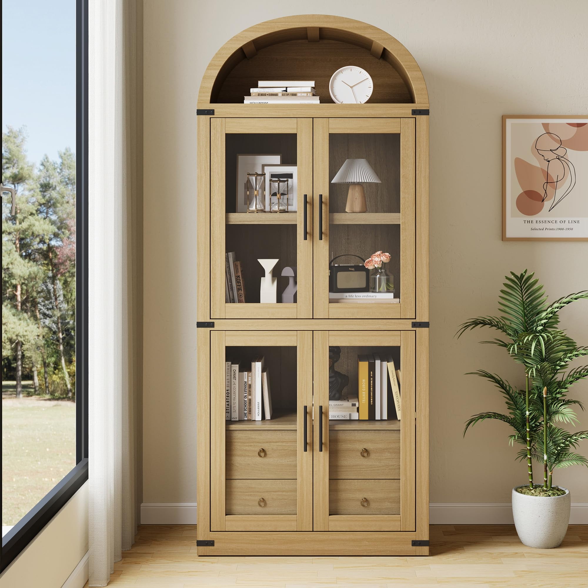 Litake Arched Pantry Cabinet with Doors 71.4in Tall Wood Bookcase with 2 Drawers Farmhouse Kitchen Cupboard Modern Display Storage Cabinet for Kitchen, Dining Room, Bathroom