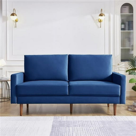Lovelock 69" Mid-Century Modern 3 Seater Sofa, Velvety Smooth Upholstered Sofa Couch with Wooden Legs, Suitable for Apartment, Dorm, Bedroom, Blue