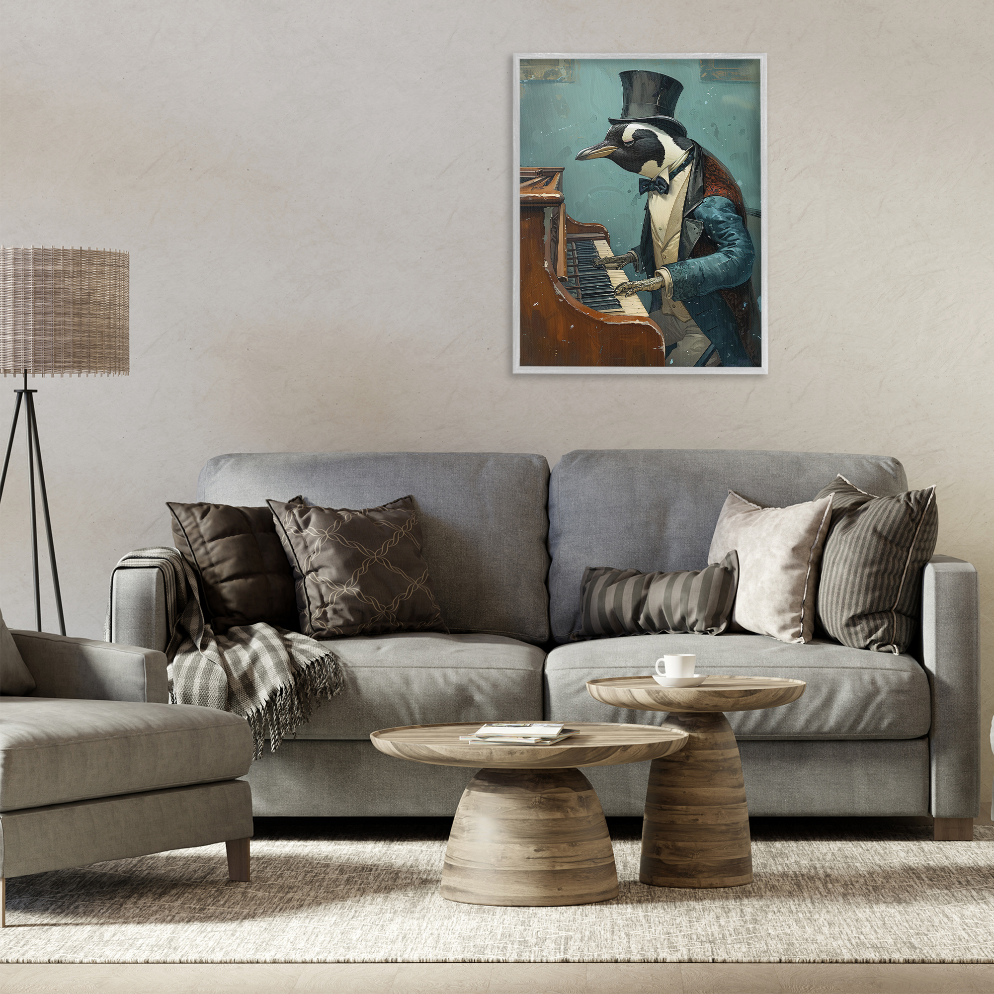 Stupell Industries Piano Playing Penguin Animals & Insects Painting Gray Framed Art Print Wall Art, 24 x 30