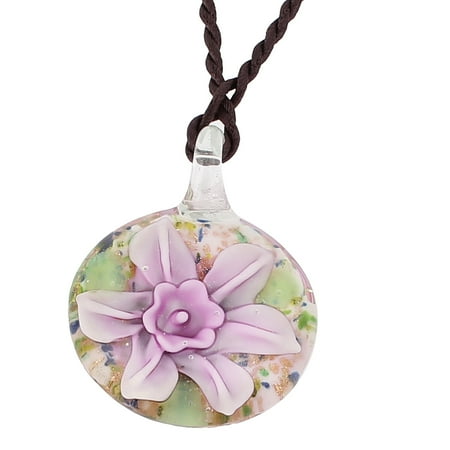 Unique Bargains Glass Pressed Flower Design Oval Pendant Necklace Pink White