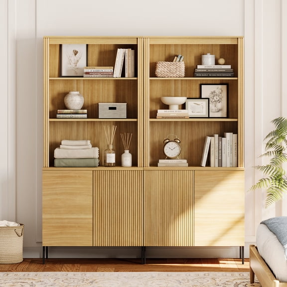 71.6"H X 60.4"W Set Of 2 Bookcase with Storage Cabinets, 10 Tier Bookshelf with Fluted Doors and Adjustable Shelves, Large Modern Display Cabinet For Living Room Bedroom Home Office Kitchen