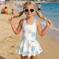 thumbnail image 3 of COEQINE Girls Bathing Suit One Piece with Full Coverage Skirt & Built-in Panty, Scoop Neck Tankini Style Cute Swimsuit, for Active Girls 5-6 Years, Blue Bow Polka Dots Patchwork, 3 of 8