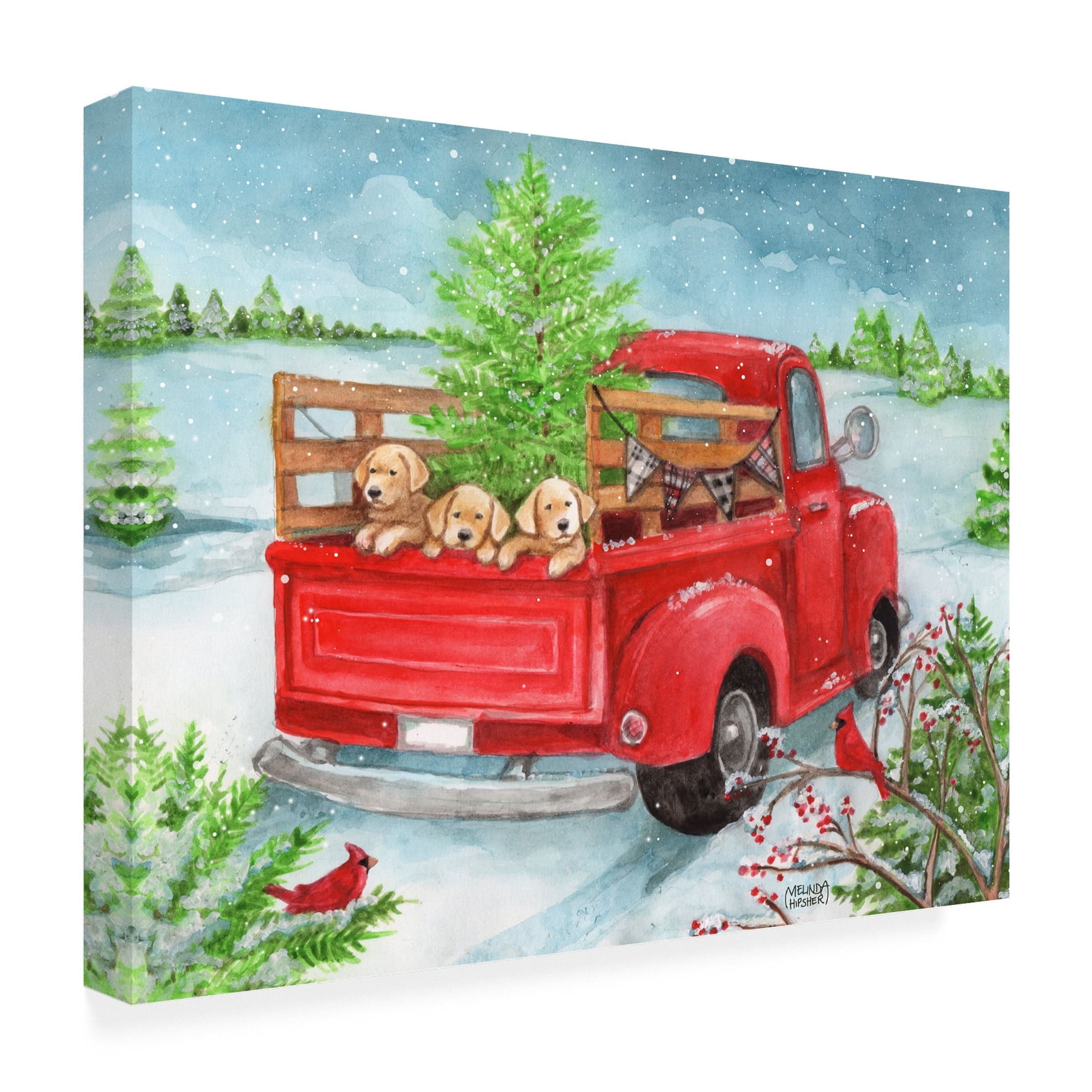 Melinda Hipsher 'Red Truck Christmas Tree And Puppies Snowing' Canvas Art