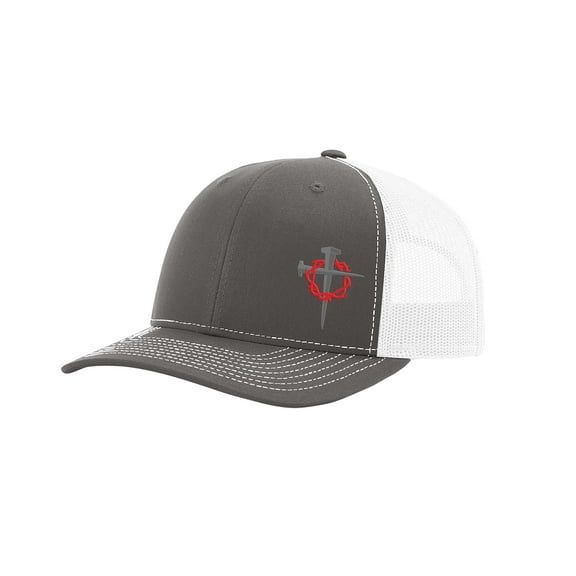 Men's Christian Cross Nails Crown of Thorns Jesus Embroidered Mesh Back Trucker Hat, Charcoal/White