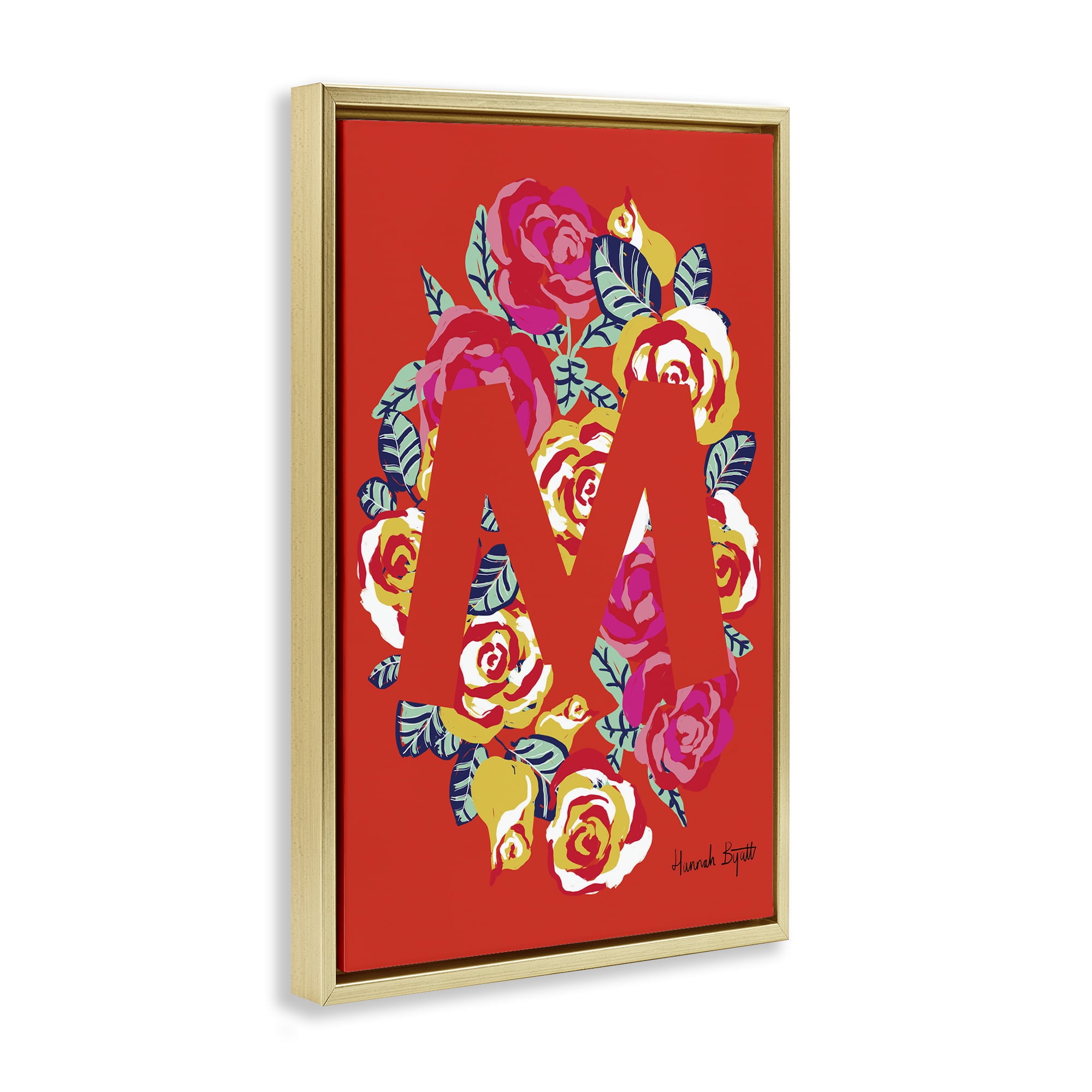Stupell Industries Floral Bloom Letter M Botanical & Floral Painting Gold Floater Framed Art Print Wall Art, 17 x 25