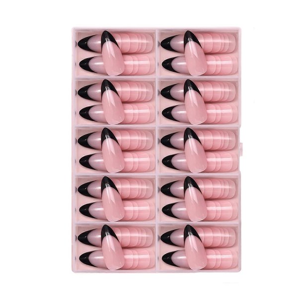 120 uñas postizas almendradas negras con punta francesa, cobertura total, adhesivas, para bodas.