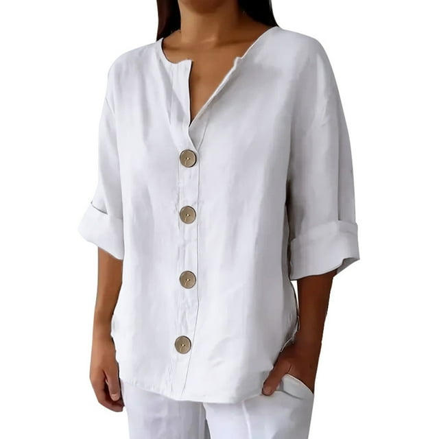 Blouse en Lin pour Femmes, Boutonnière - Col en V, Manches 3/4, Unie, Décontractée et Ample