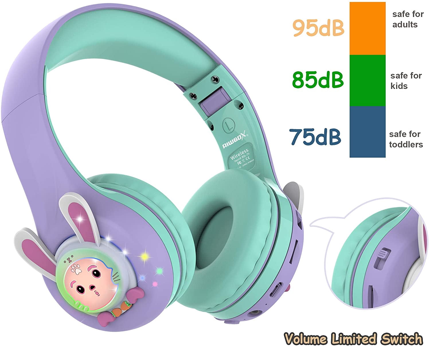 Riwbox RB-7S Rabbit Kids Headphones Wireless, LED Light Up Bluetooth Over Ear Headset Volume Limited Safe 75dB/85dB/95dB with Mic and TF-Card, Children Headphones for Girls Boys (Purple&Green)
