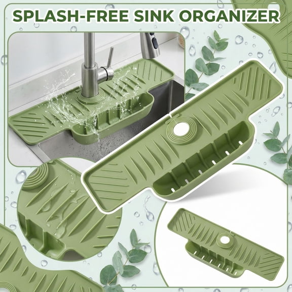 Faucet Mat Silicone Draining Mat Fast Drying Tray Silicone Faucet Handle Drip Catcher for Kitchen Kitchen Counter Bathroom Organizer Dish Plate Display Shelf Green